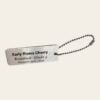 Engraved stainless steel tree tag reading Early Rivers Cherry, Rootstock: Gisela 5, Planted on April 1, 2024, with stainless ball chain