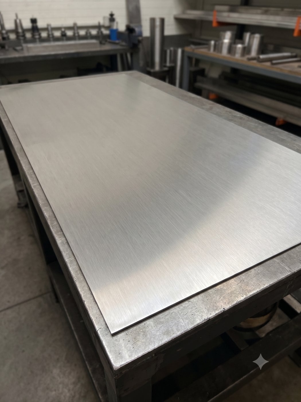 Brushed 316L stainless steel sheet on a workshop table