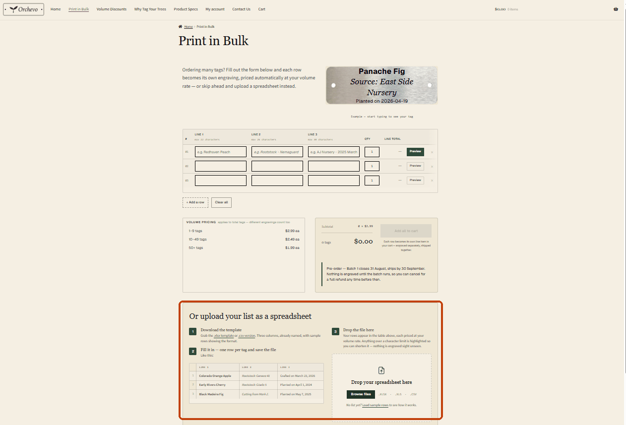 The Print in Bulk page with the spreadsheet upload panel at the bottom marked