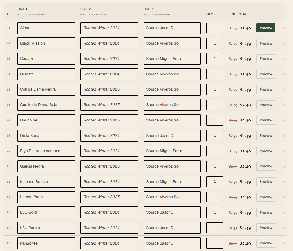 The bulk form filled with the uploaded rows, each priced at 2.49